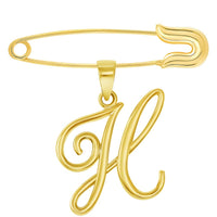 Load image into Gallery viewer, 14k Yellow Gold Elegant Script Letter H Cursive Initial Charm with Safety Pin Brooch
