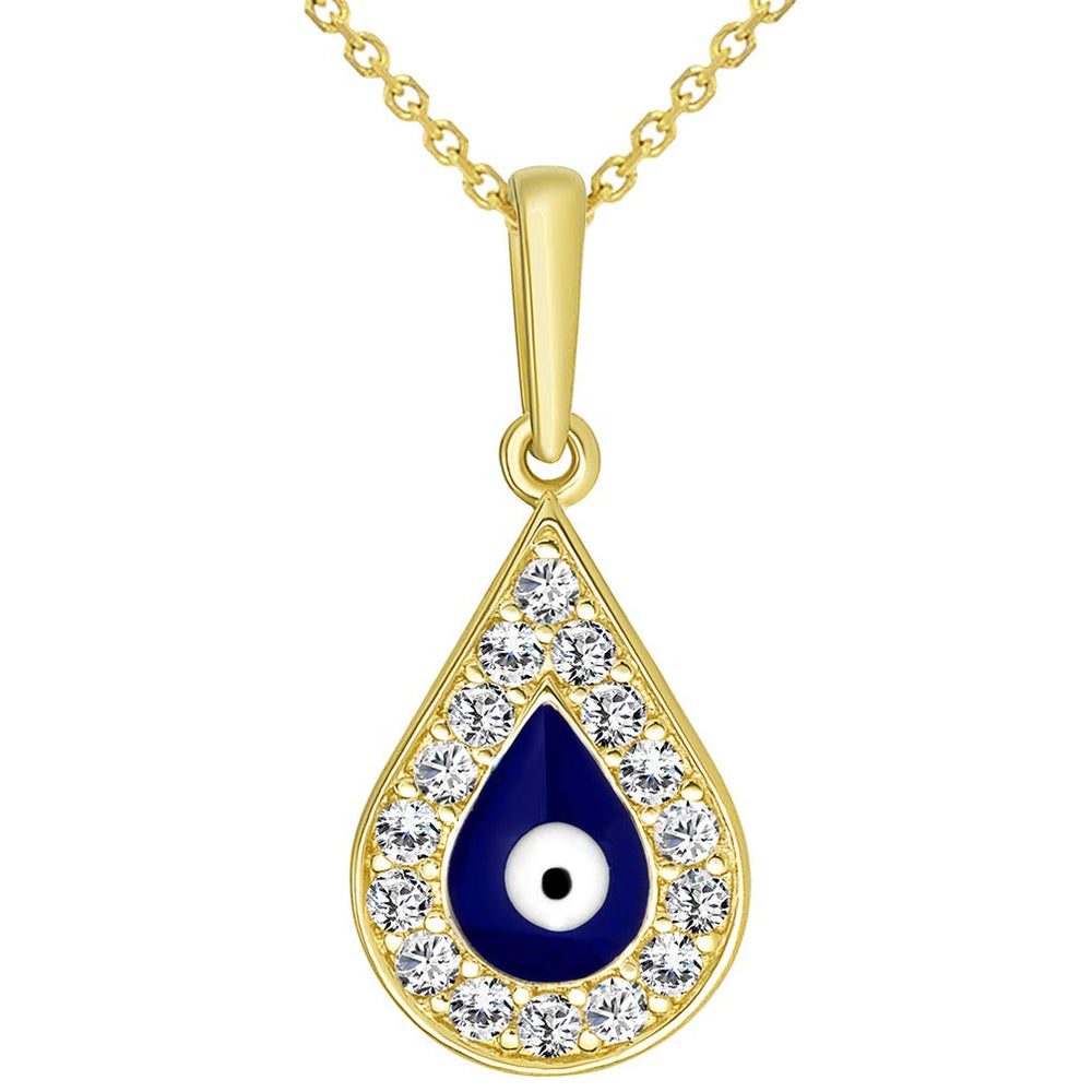 14k Yellow Gold Cubic Zirconia Teardrop Blue Evil Eye Charm Pendant Necklace