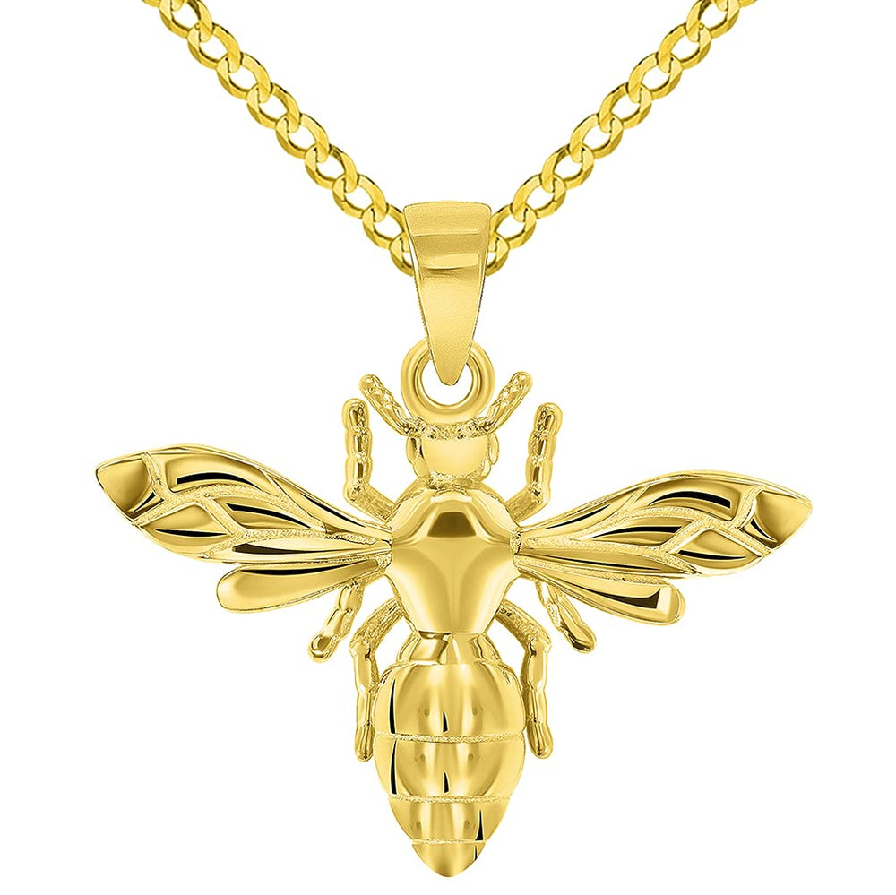 14k Yellow Gold Well Detailed 3D Honey Bee Charm Bumblebee Insect Pendant with Cuban Curb Chain Necklace