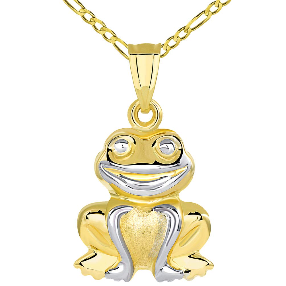 High Polished 14K Gold Smiling Frog Charm 3D Animal Pendant with Figaro Chain Necklace - Yellow Gold