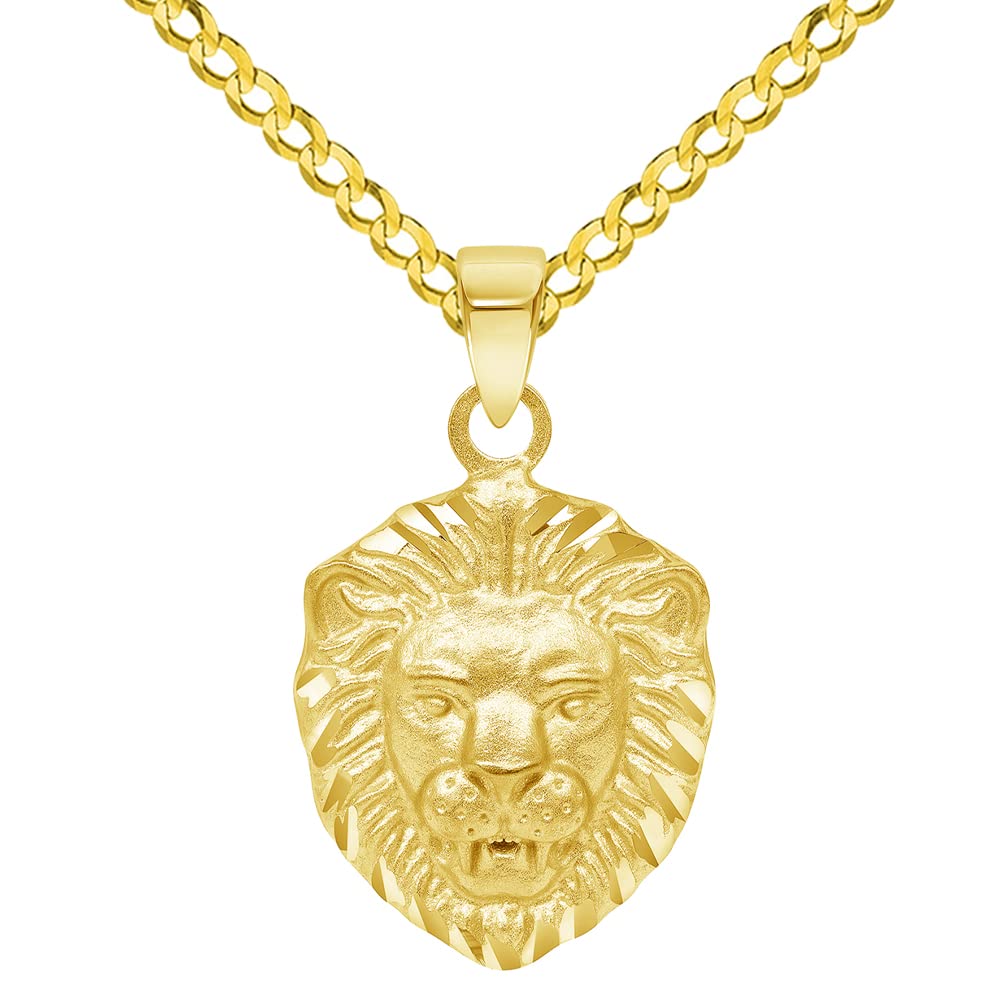 14k Yellow Gold Mini Lion Head Charm Animal Pendant with Cuban Curb Chain Necklace