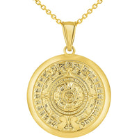 Load image into Gallery viewer, 14k Yellow Gold Aztec Mayan Sun Calendar Medallion Pendant with Rolo Cable Chain Necklace
