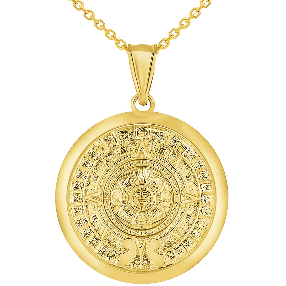14k Yellow Gold Aztec Mayan Sun Calendar Medallion Pendant with Rolo Cable Chain Necklace