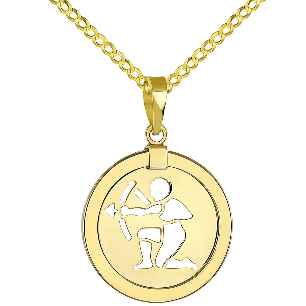 High Polished 14K Yellow Gold Unique Reversible Round Sagittarius Zodiac Sign Pendant with Cuban Chain Necklace