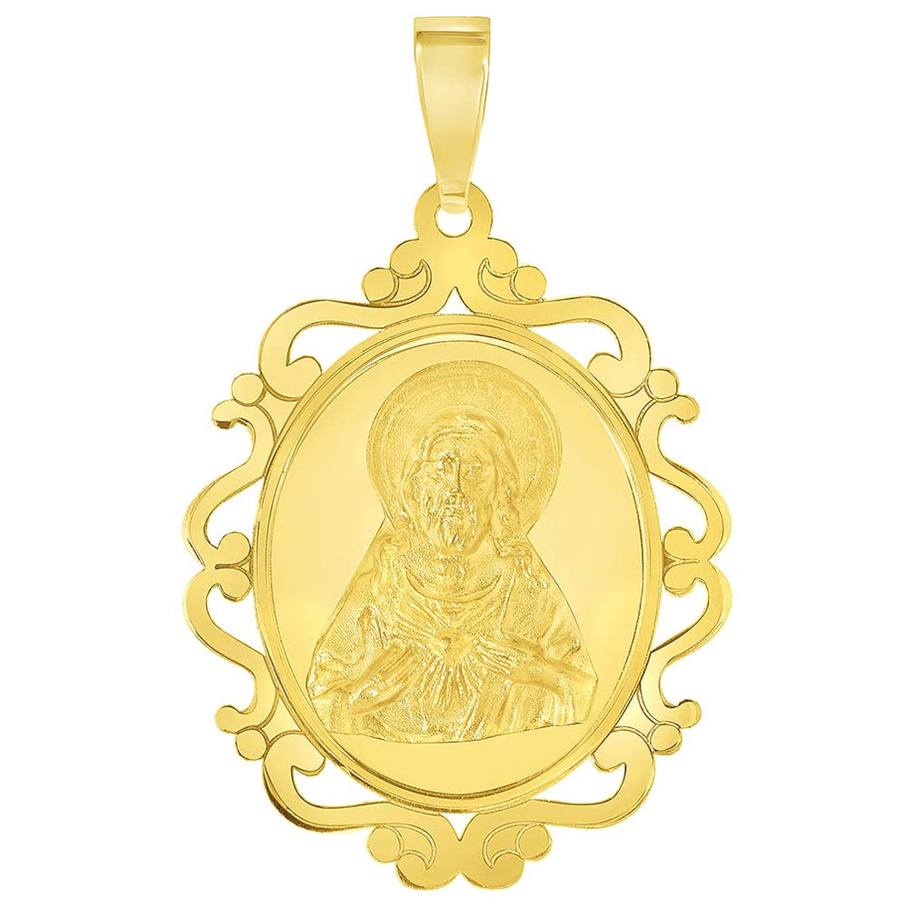 14k Yellow Gold Sacred Heart of Jesus Christ On Elegant Ornate Miraculous Medal Pendant (1")