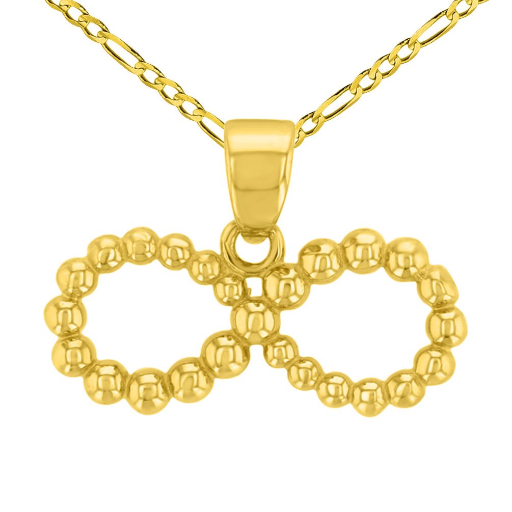 14K Gold Beaded Style Infinity Pendant with Figaro Chain Necklace - Yellow Gold