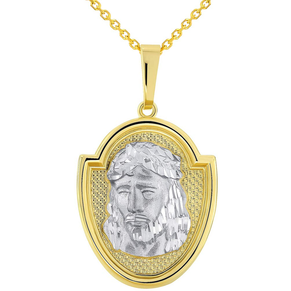 14k Two-Tone Gold Jesus Christ Medallion Scripted God Bless Us Pendant Necklace