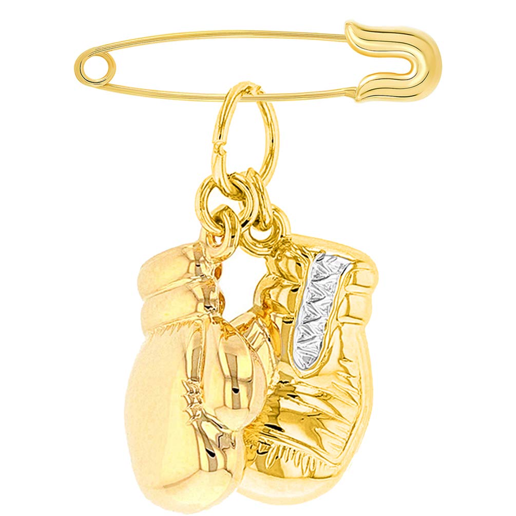 High Polish 14k Yellow Gold 3D Two Tone Boxing Gloves Charm Sports Pendant with Safety Pin Brooch