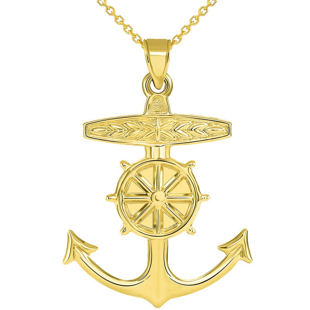 14k Yellow Gold 3D Ship Anchor and Wheel Nautical Pendant Necklace