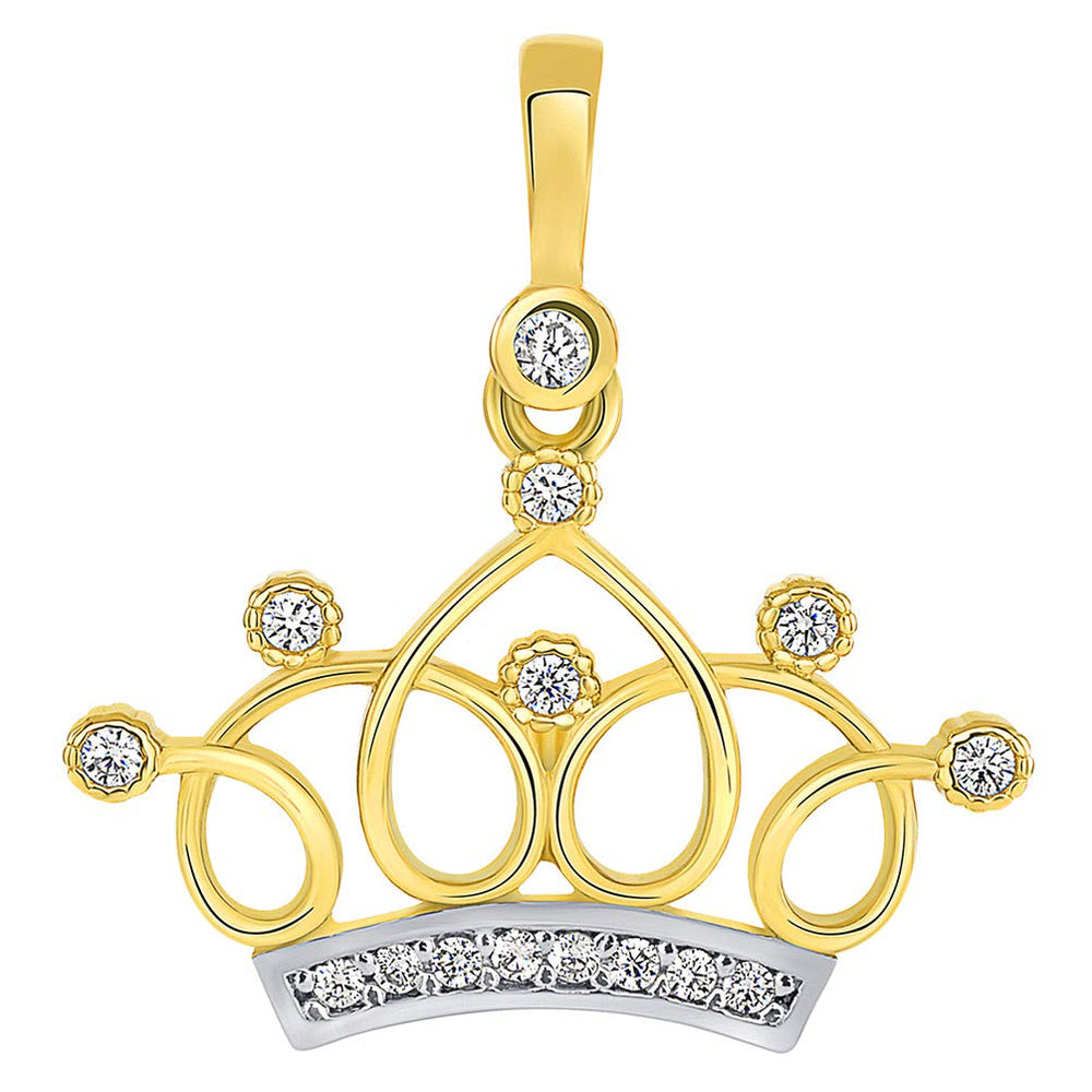 14k Yellow Gold Elegant Princess Crown Pendant with Cubic Zirconia