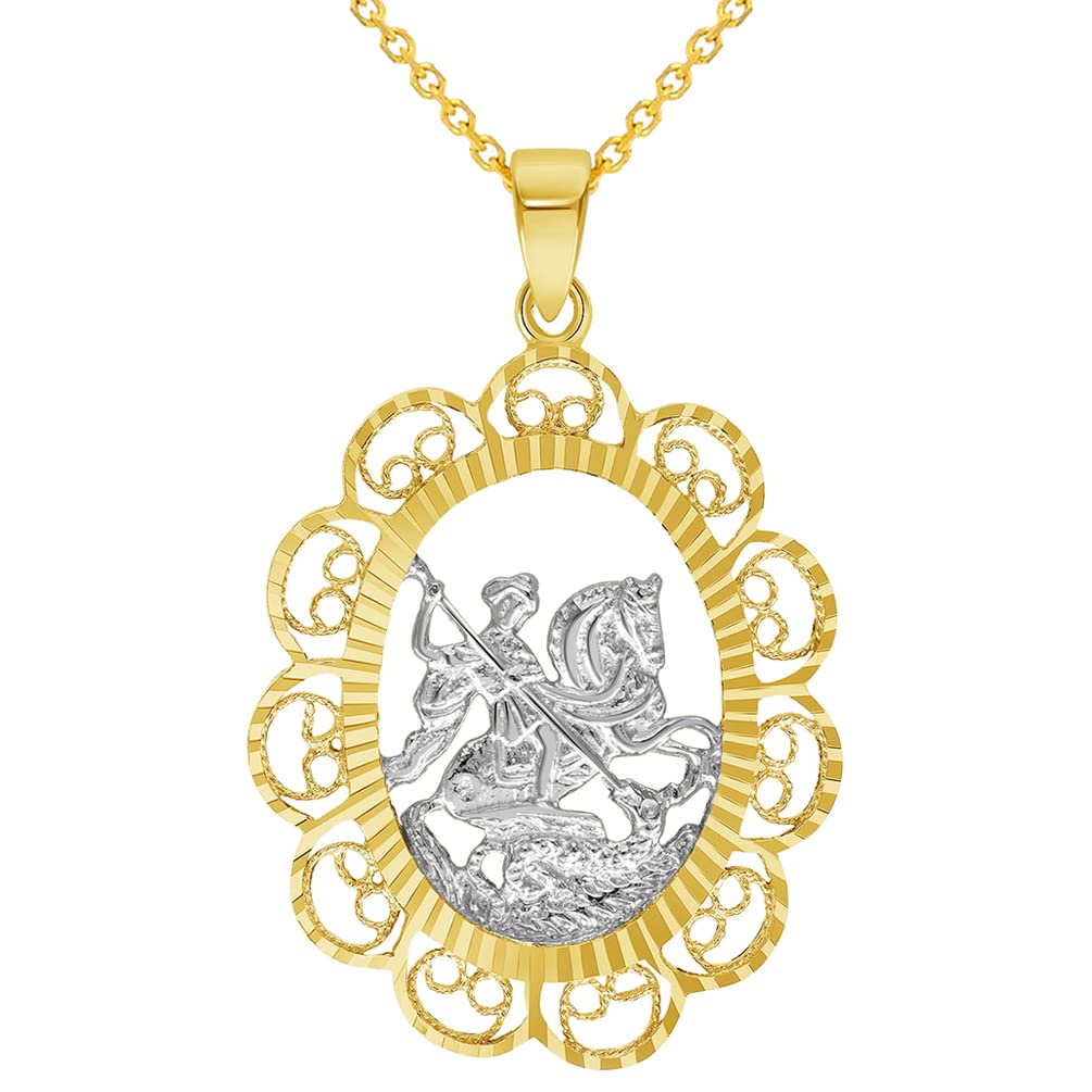 Solid 14k Yellow Gold Filigree Patron Saint George Medal Pendant with Cable Chain Necklace