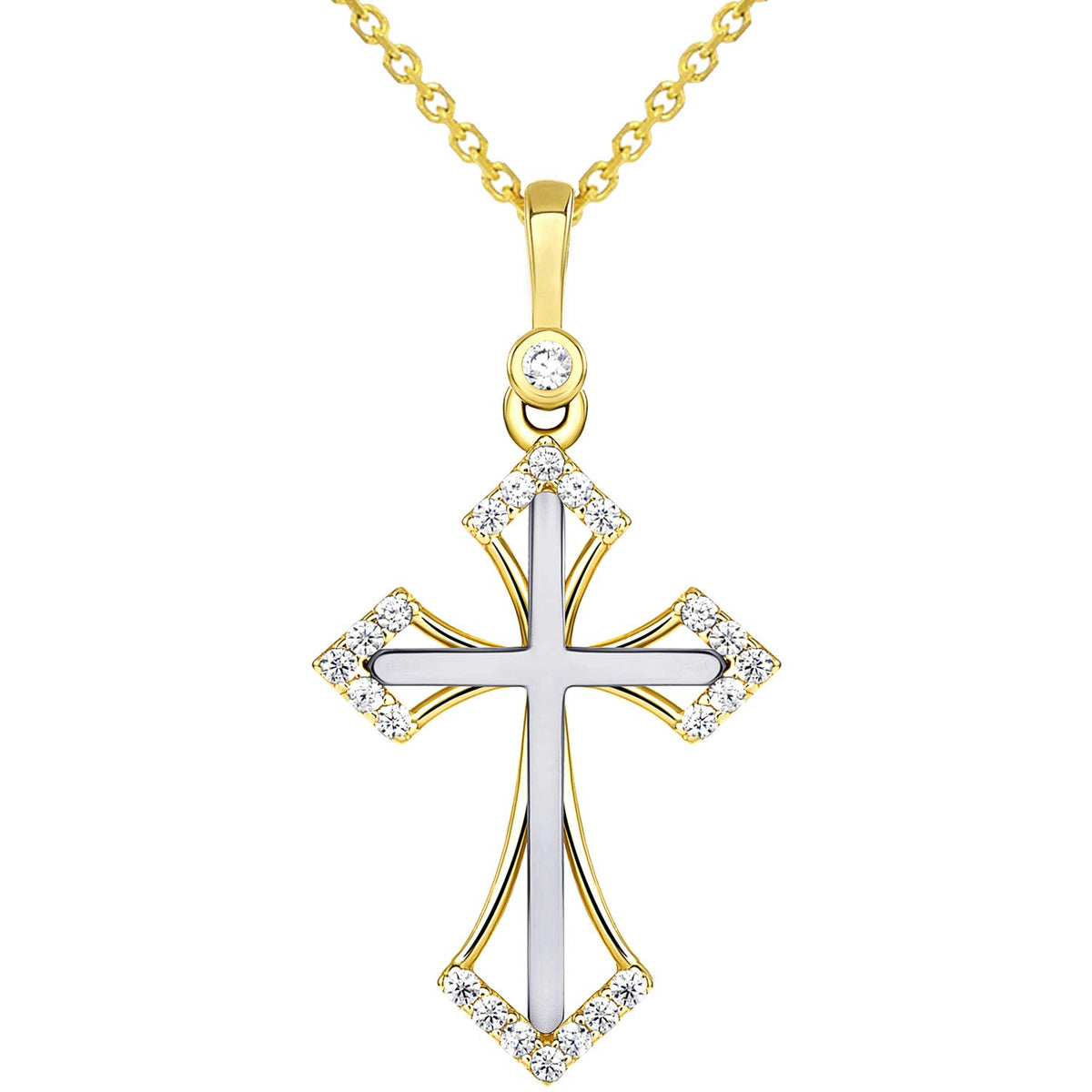 14k Two Tone Gold CZ Elegant Christian Pointed Cross Pendant Necklace