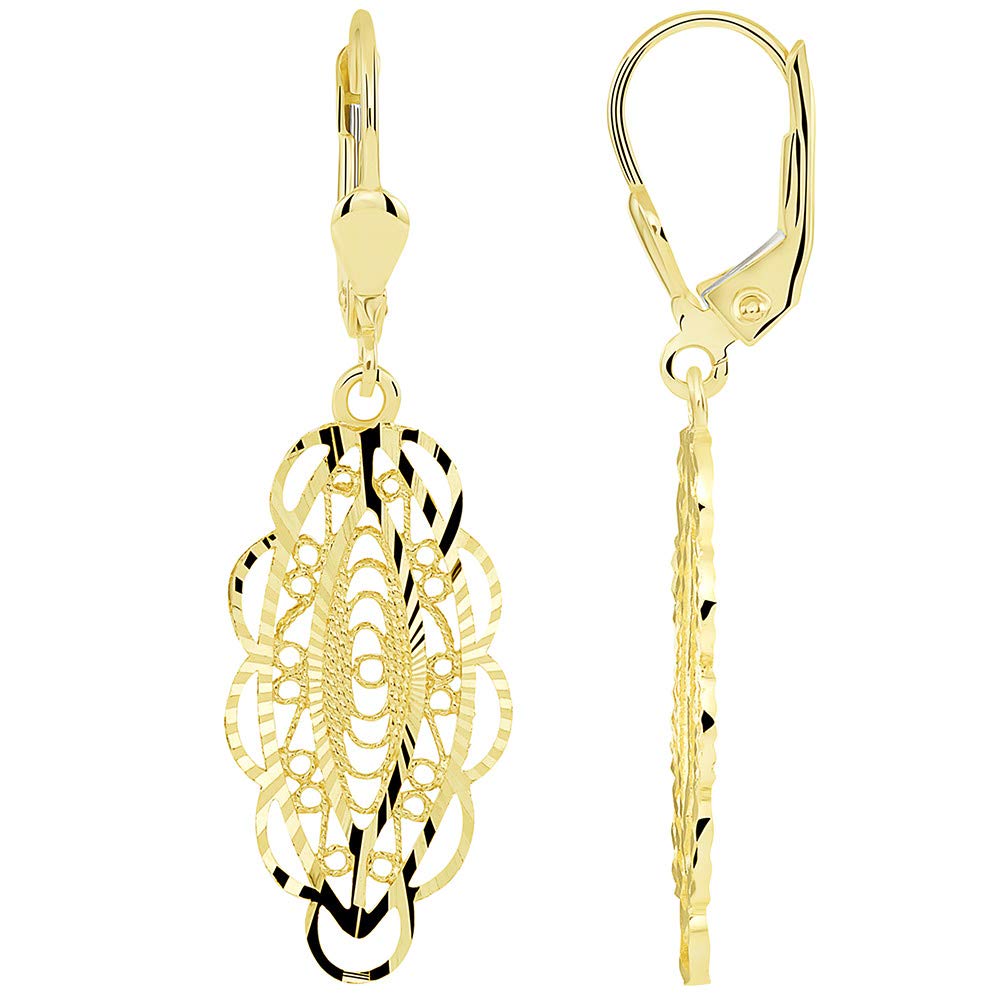 14k Yellow Gold Textured Oval Shaped Filigree Dangle Earrings with Lever Back