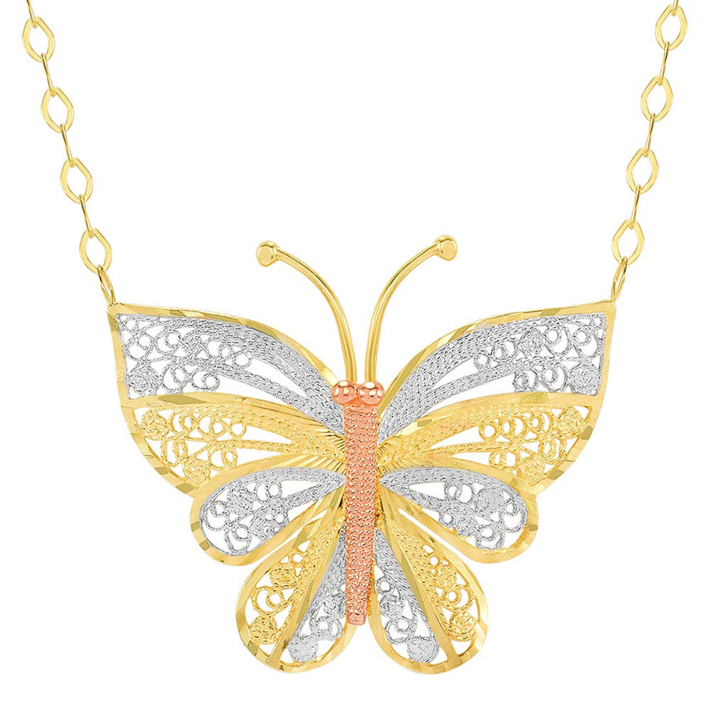 14k Yellow Gold and Rose Gold Large Tri-Tone Butterfly Necklace with Lobster Claw Clasp