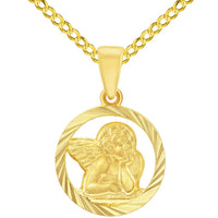 Load image into Gallery viewer, 14k Yellow Gold Textured Open Round Guardian Angel Pendant with Curb Chain Necklace
