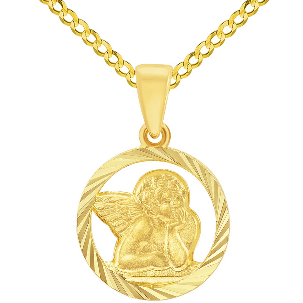 14k Yellow Gold Textured Open Round Guardian Angel Pendant with Curb Chain Necklace