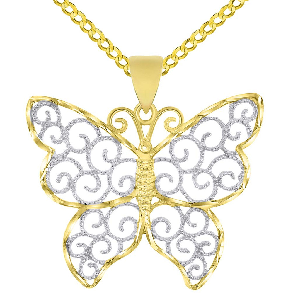 14k Yellow Gold Open Filigree Two-Tone Infinity Butterfly Pendant Curb Chain Necklace