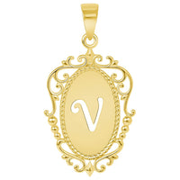 Load image into Gallery viewer, 14k Yellow Gold Elegant Filigree Oval Uppercase Initial V Script Letter Plate Pendant with Figaro Chain Necklace
