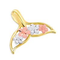 Load image into Gallery viewer, 14k Yellow and Rose Gold Open Tri-Tone Whale Tail with Hawaiian Plumeria Flower Pendant Curb Chain Necklace
