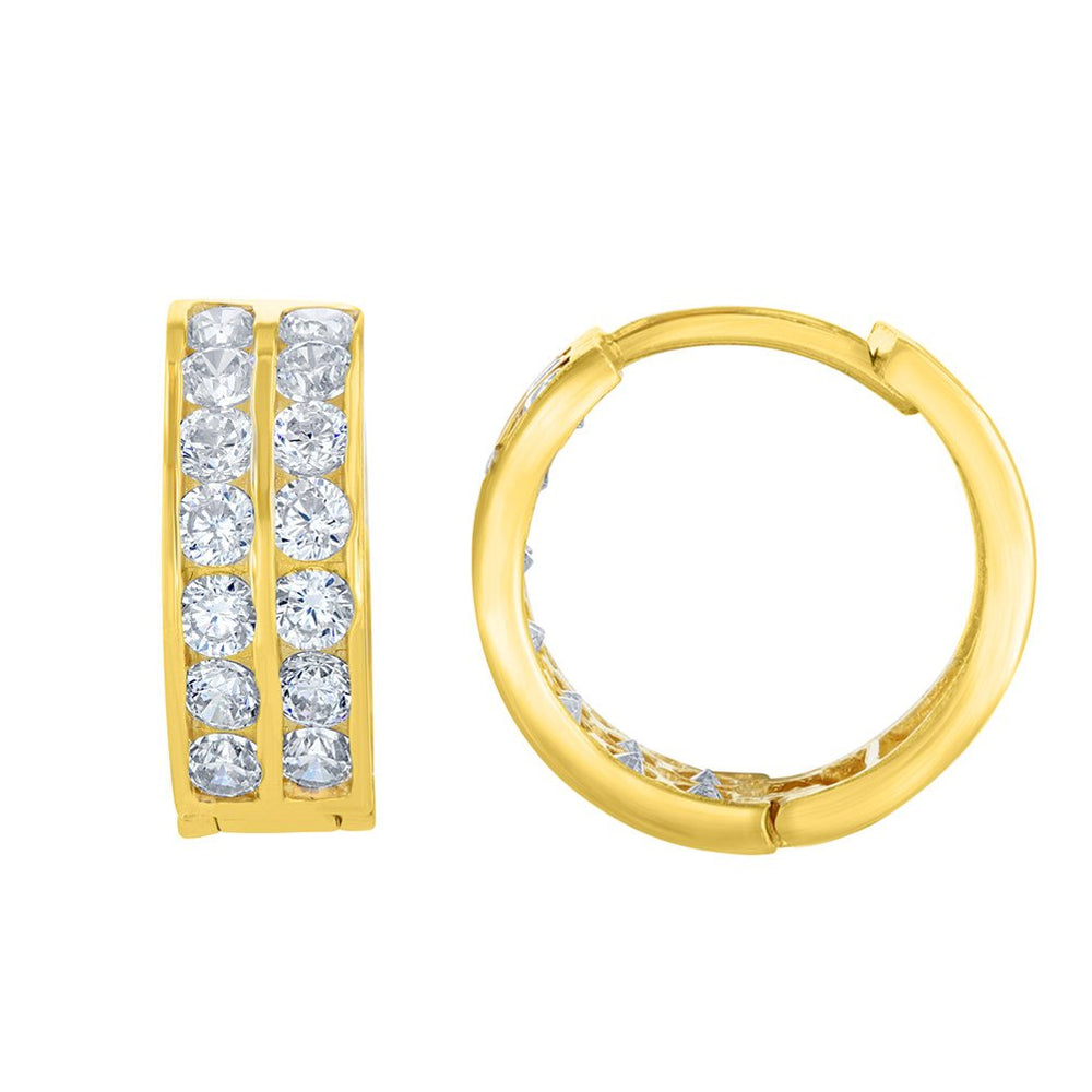 Solid 14K Yellow Gold 5mm Double Row Huggie Hoop Earrings with Cubic Zirconia Gemstones