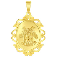 Load image into Gallery viewer, 14k Yellow Gold Holy Face of Jesus Christ On Elegant Ornate Miraculous Medal Pendant with Figaro Chain Necklace
