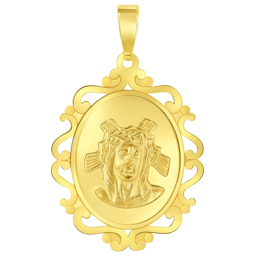 14k Yellow Gold Holy Face of Jesus Christ On Elegant Ornate Miraculous Medal Pendant (1")