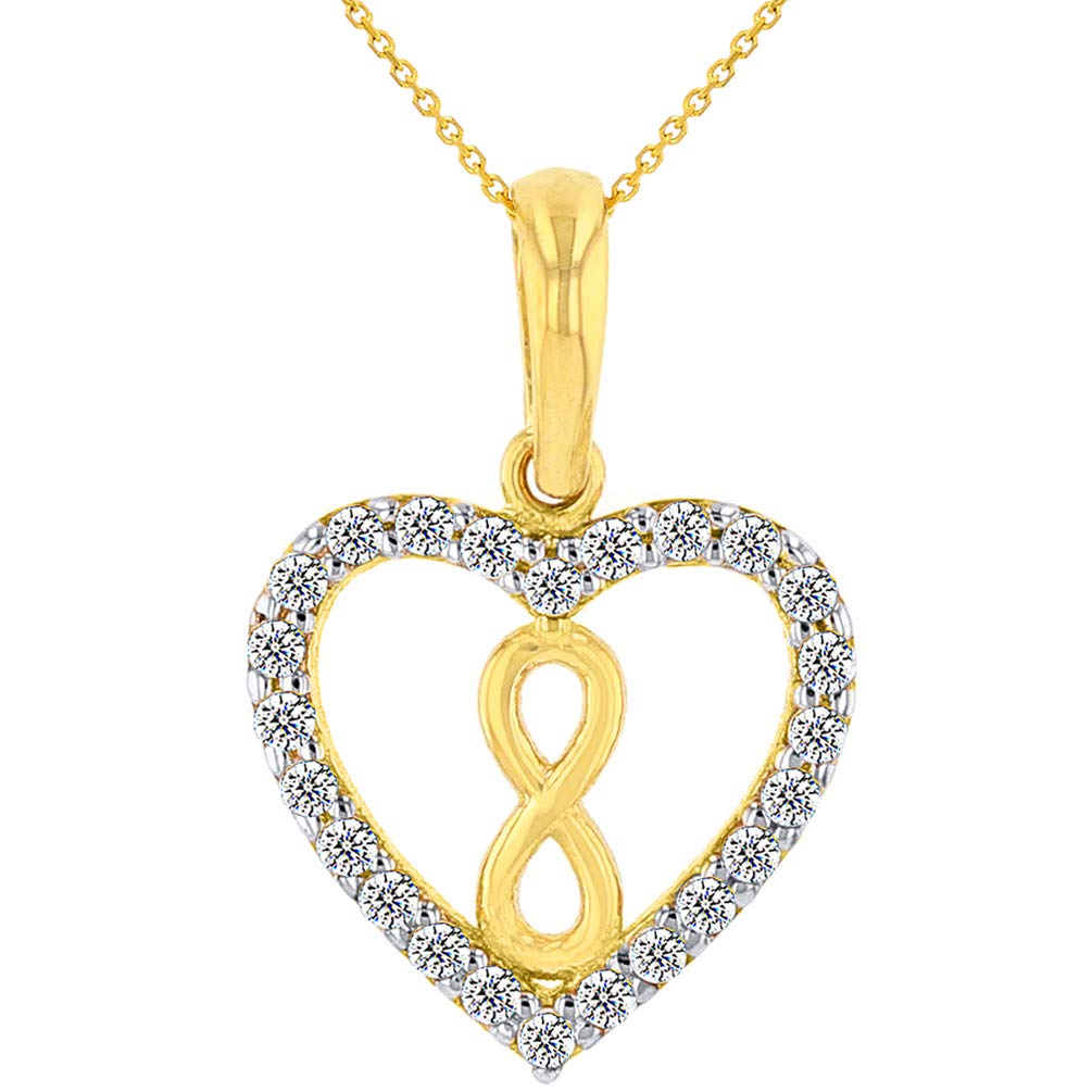 Solid 14k Yellow Gold CZ Heart wit Vertical Infinity Symbol Pendant Necklace