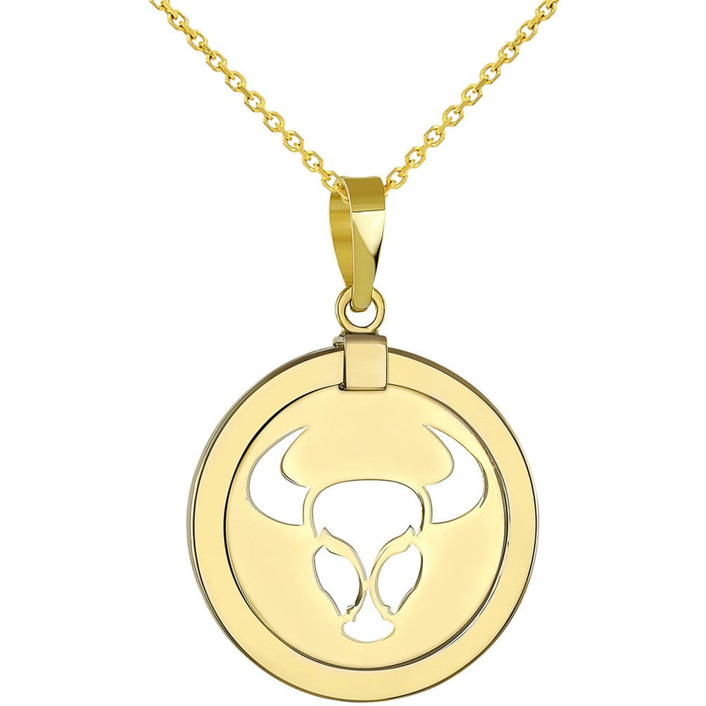 14K Gold Reversible Round Bull Taurus Zodiac Sign Pendant Necklace - Yellow Gold
