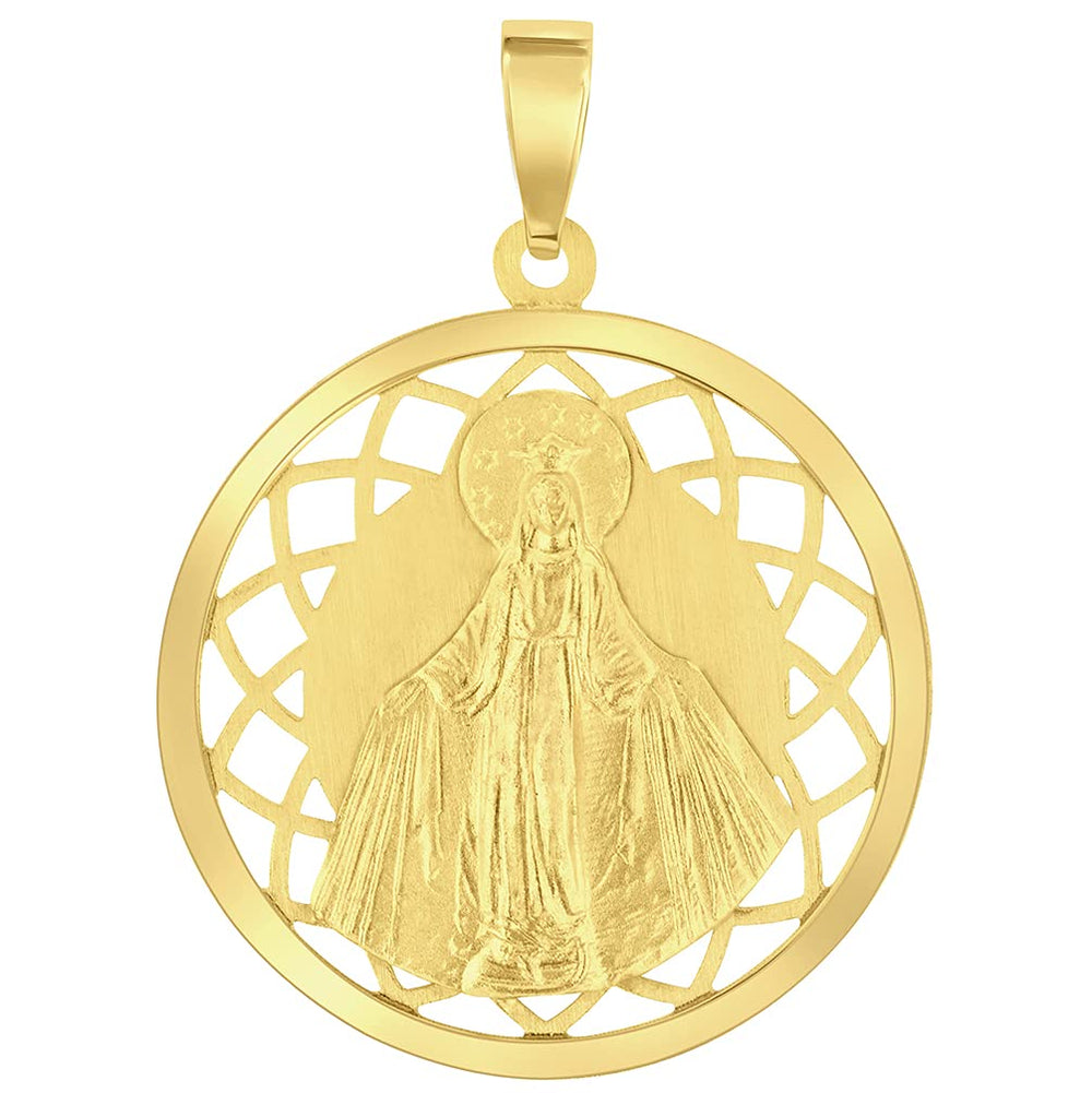 14k Yellow Gold Round Open Ornate Miraculous Medal of Virgin Mary Pendant