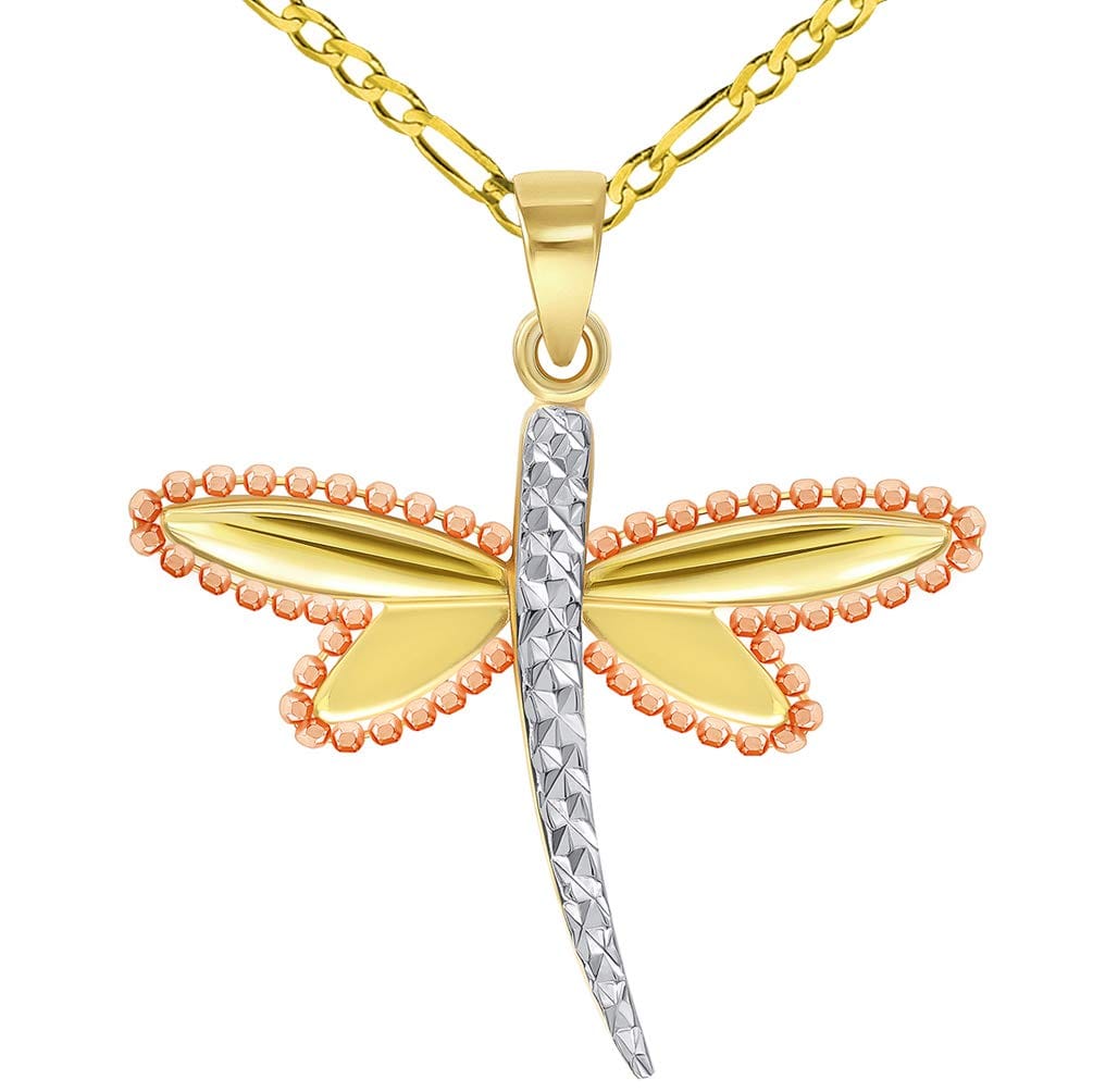 14k Yellow Gold and Rose Gold Beaded Dragonfly Tri-Tone Pendant with Figaro Chain Necklace