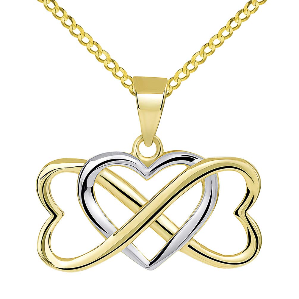 14k Yellow Gold Two Tone Interlocking Triple Heart Infinity Love Symbol Pendant with Cuban Necklace