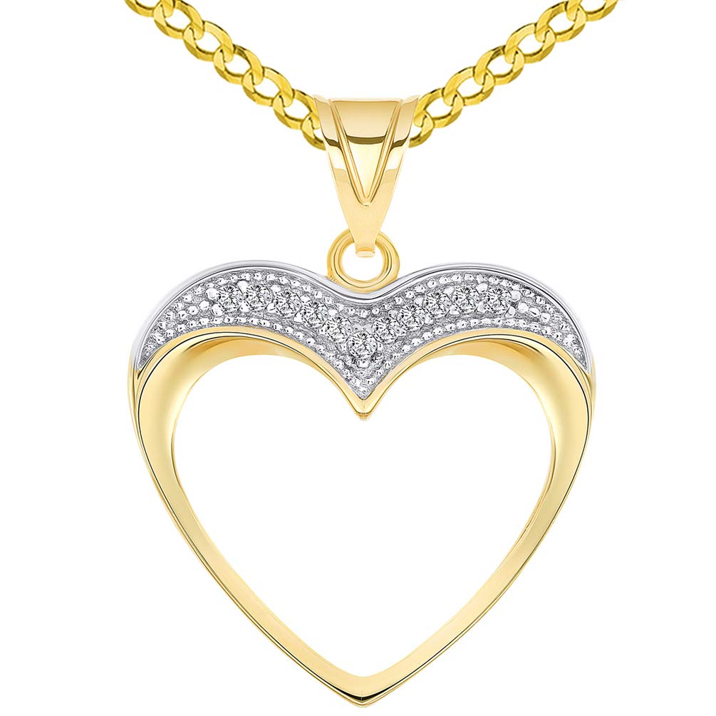 14k Yellow Gold Cubic Zirconia Fancy and Elegant Open Heart Pendant with Curb Chain Necklace