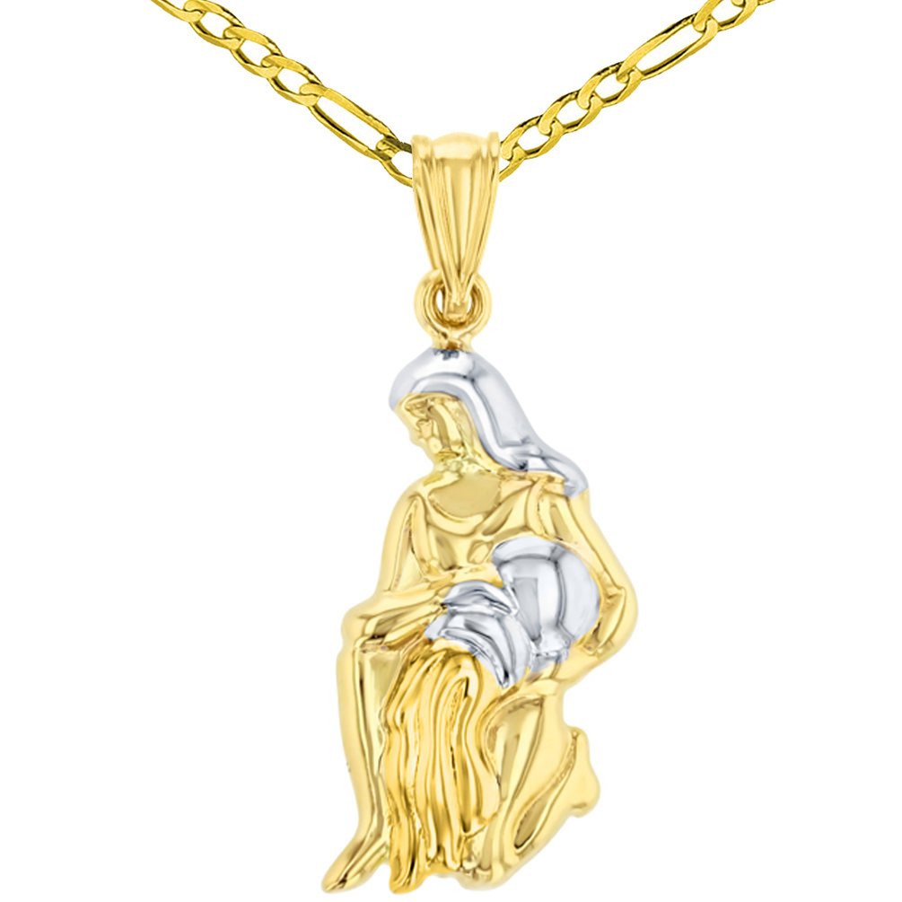 High Polish 14K Yellow Gold Aquarius Zodiac Sign Charm Pendant Figaro Chain Necklace