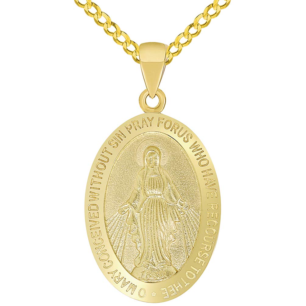 Solid 14k Yellow Gold Small Classic Miraculous Medallion of the Virgin Mary Pendant with Curb Chain Necklace