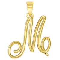Load image into Gallery viewer, 14k Yellow Gold Elegant Script Letter M Cursive Initial Charm with Safety Pin Brooch
