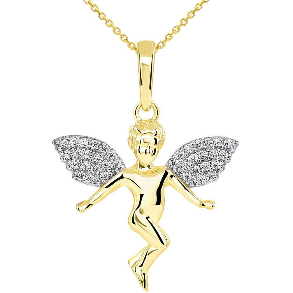 14k Yellow Gold Floating Guardian Angel with Micro Pave CZ Wings Pendant Necklace