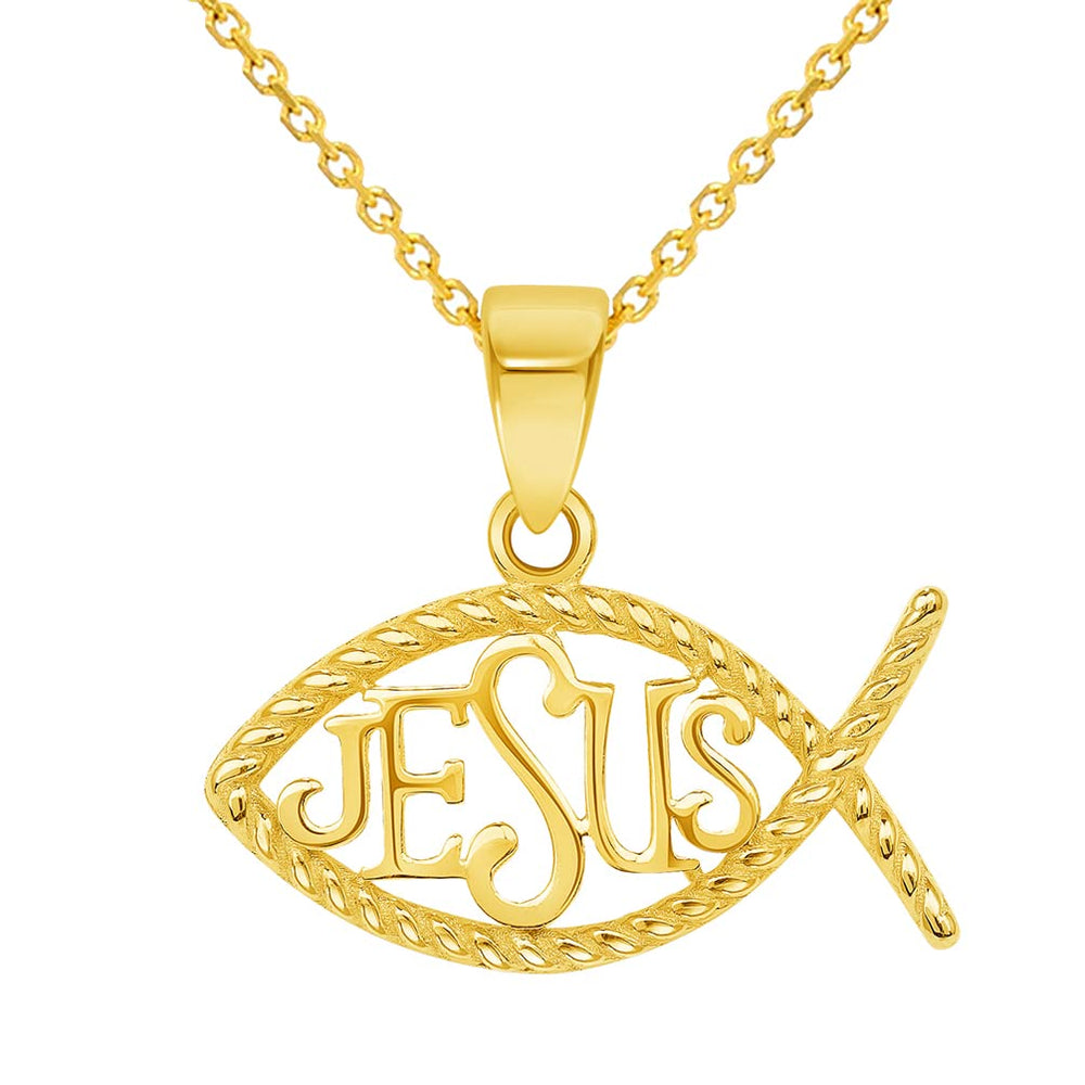 14k Yellow Gold Ichthus Jesus Christian Fish Symbol Pendant with Cable Chain Necklace