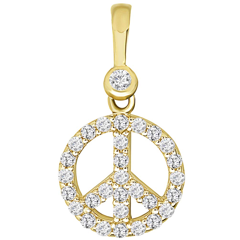 Solid 14k Yellow Gold Mini Peace Symbol Charm Pendant with Cubic Zirconia