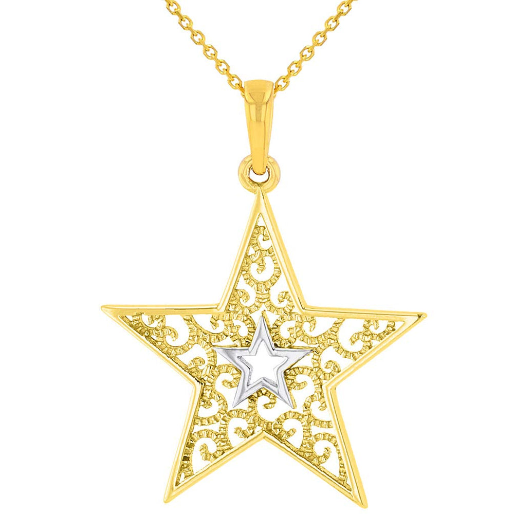 14k Yellow Gold Filigree Two Tone Star Pendant Necklace