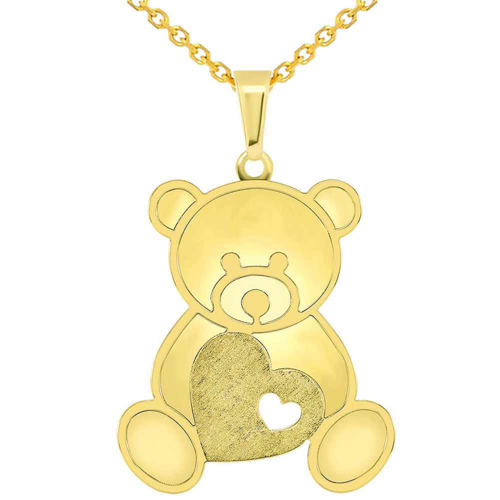 14k Yellow Gold Teddy Bear Holding Heart Pendant with Rolo Cable Chain Necklace