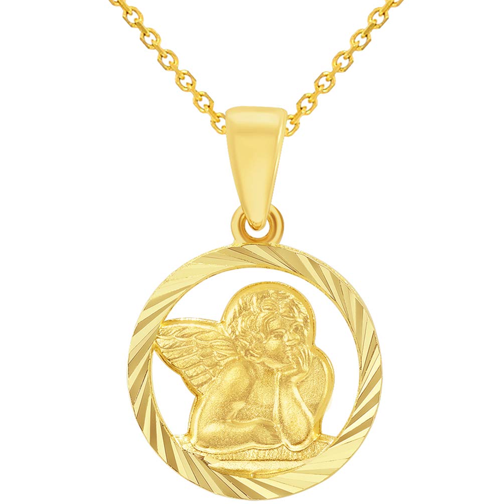 14k Yellow Gold Textured Open Round Guardian Angel Pendant Necklace