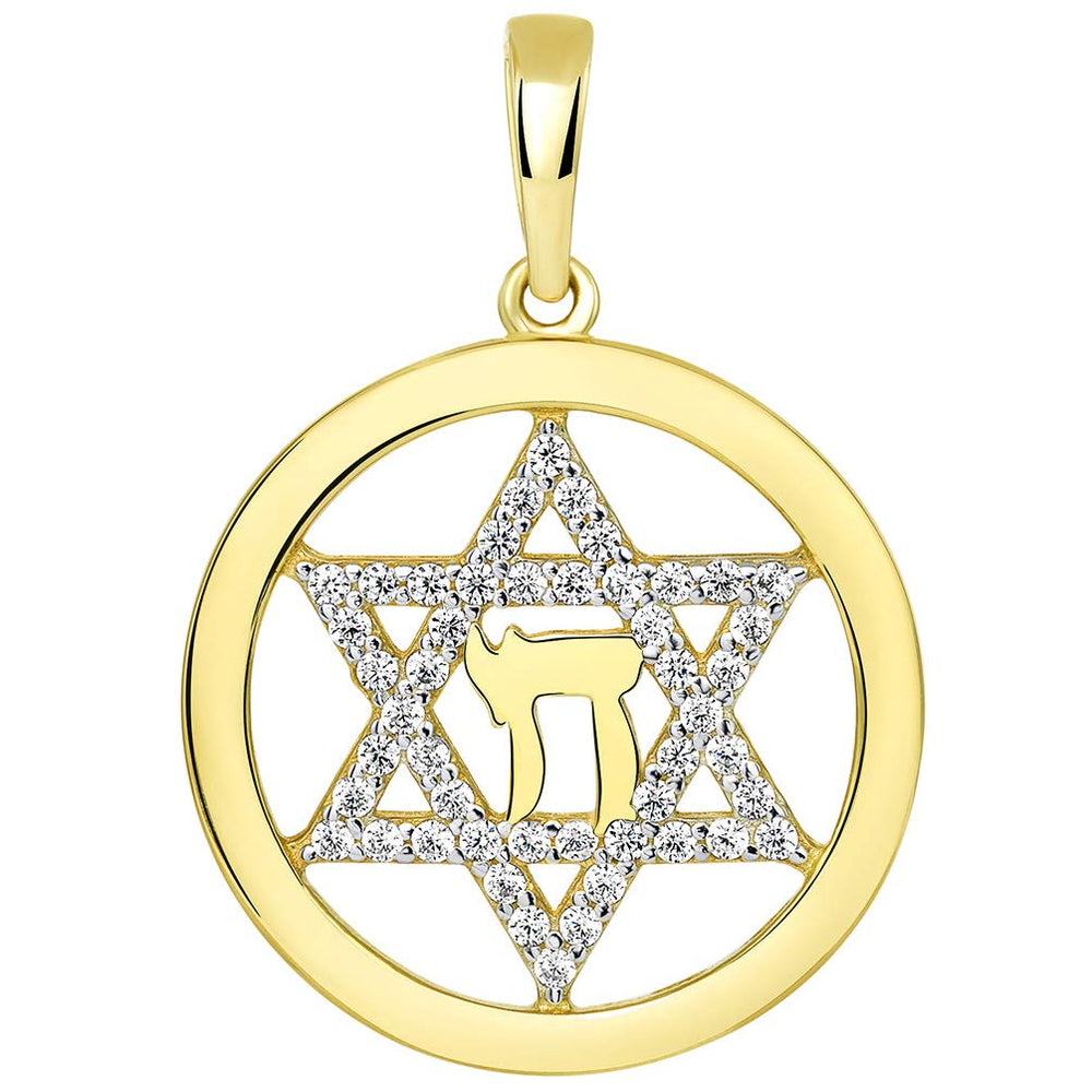 14k Yellow Gold Round CZ Jewish Star of David with Chai Symbol Pendant