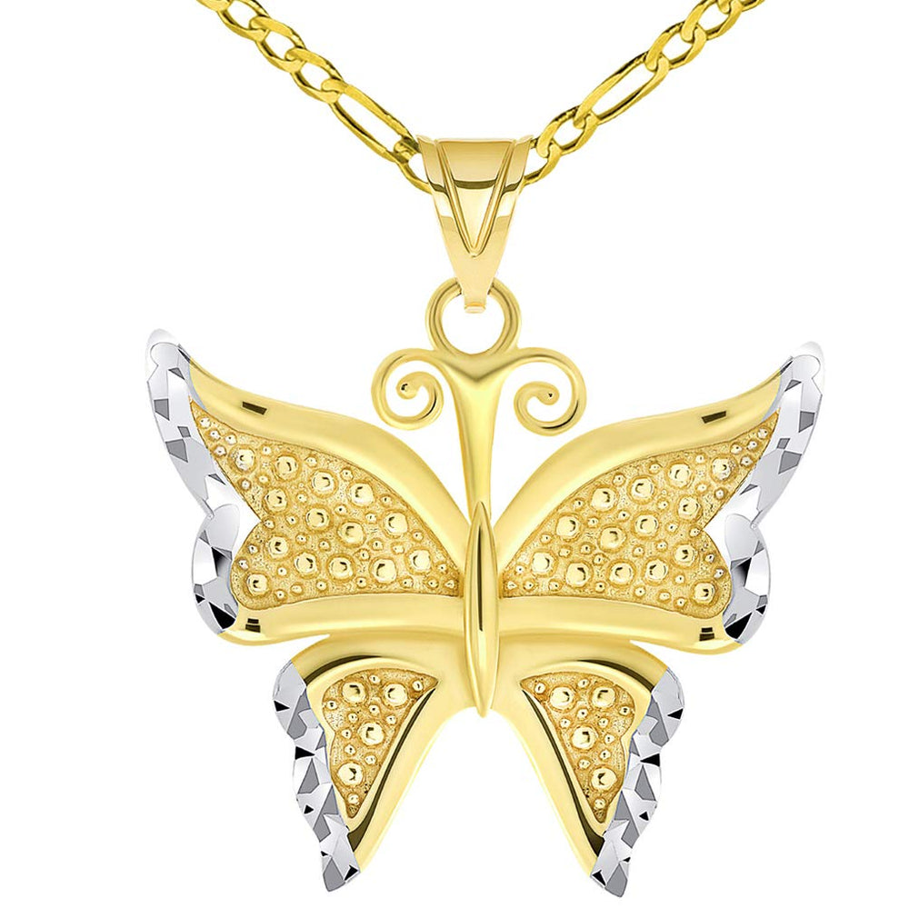 14k Yellow Gold Polished and Textured Two-Tone Butterfly Pendant Figaro Chain Necklace