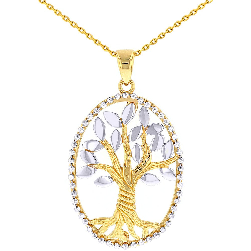 Jewelry America Solid 14K Two-Tone Gold Oval Tree of Life Pendant Necklace