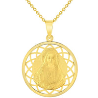 Load image into Gallery viewer, 14k Yellow Gold Sacred Heart of Jesus Christ On Round Open Ornate Miraculous Medal Pendant Necklace
