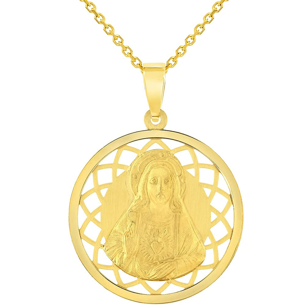 14k Yellow Gold Sacred Heart of Jesus Christ On Round Open Ornate Miraculous Medal Pendant Necklace