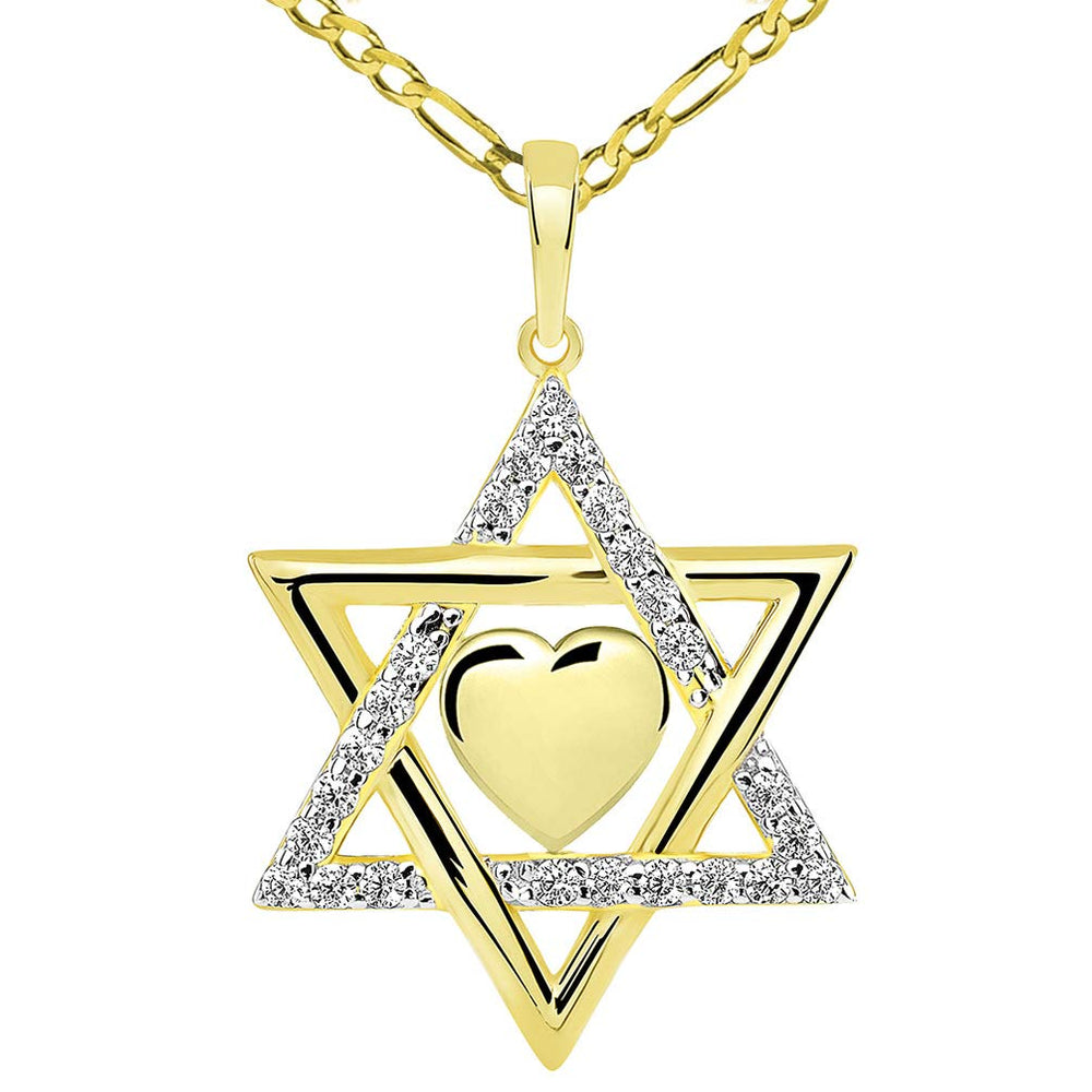 14k Yellow Gold Hebrew Love CZ Star of David with Heart Pendant Figaro Necklace