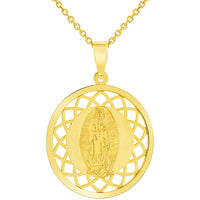 Load image into Gallery viewer, 14k Yellow Gold Round Open Ornate Miraculous Medal of Our Lady of Guadalupe Pendant Necklace
