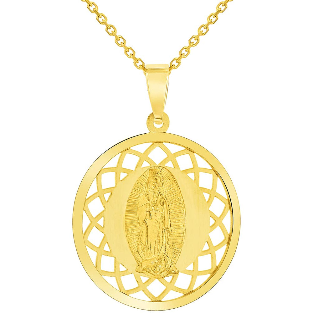14k Yellow Gold Round Open Ornate Miraculous Medal of Our Lady of Guadalupe Pendant Necklace