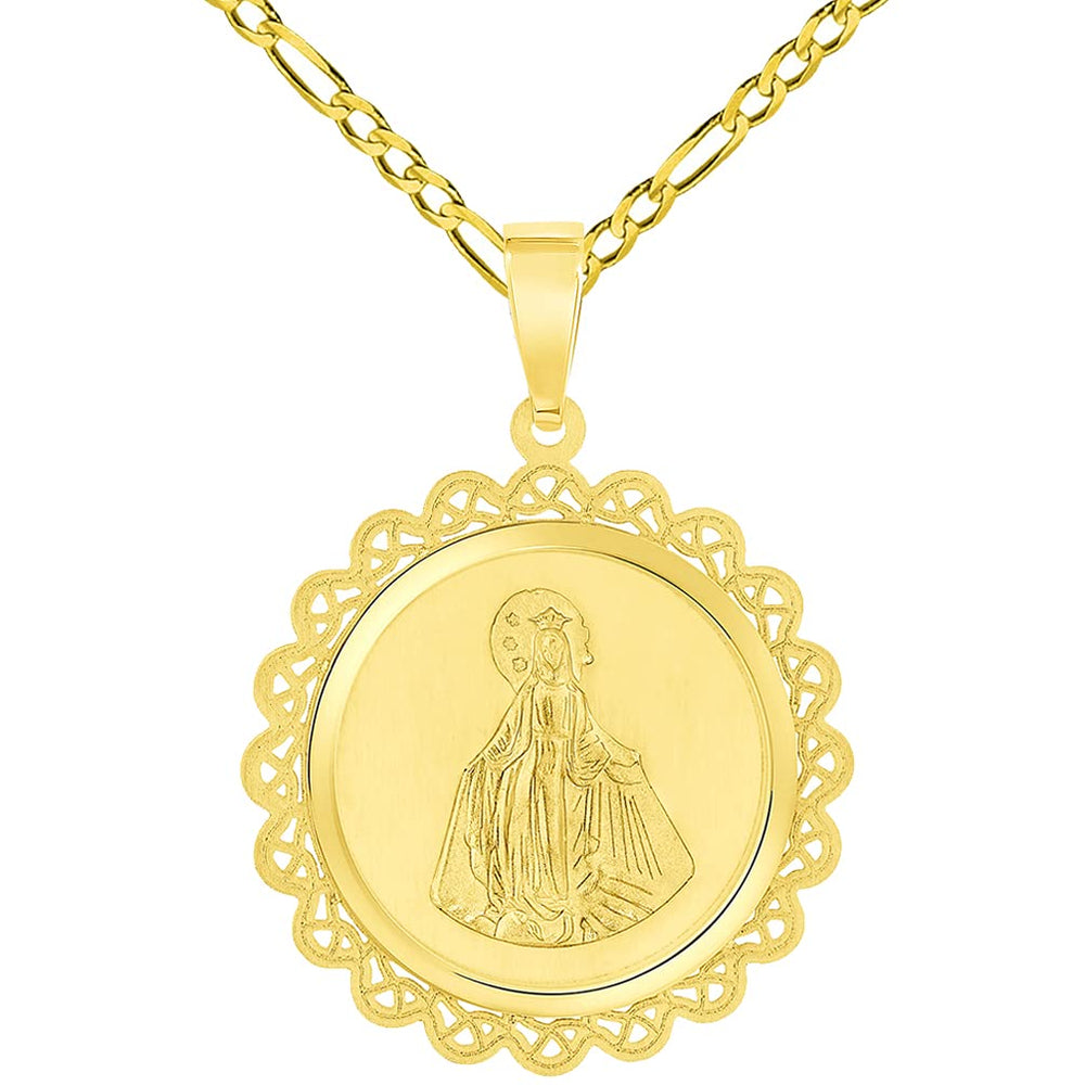 14k Yellow Gold Round Ornate Miraculous Medal of Virgin Mary Pendant with Figaro Chain Necklace